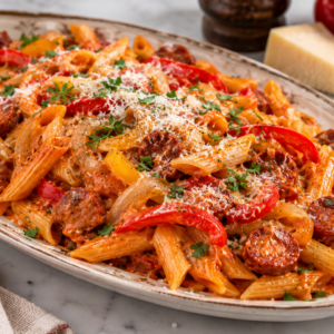 PASTA MET PAPRIKA, UI EN CHORIZO