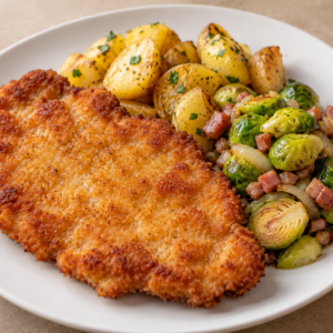 1. SCHNITZEL MET SPRUITJES, SPEKJES EN UI EN PATATJES